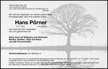 Traueranzeige von Hans Pörner von Hersbrucker Zeitung