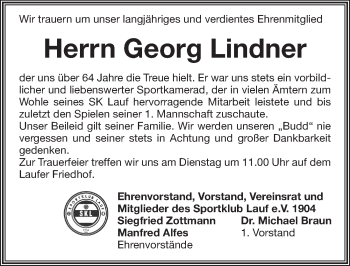 Traueranzeige von Georg Lindner von Pegnitz-Zeitung