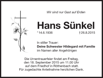Traueranzeige von Hans Sünkel von Pegnitz-Zeitung