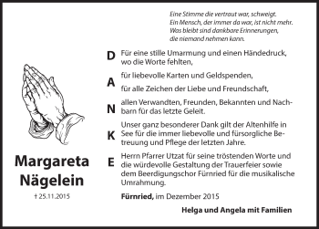 Traueranzeige von Margareta Nägelein von Hersbrucker Zeitung