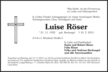 Traueranzeige von Luise Röser von Der Bote