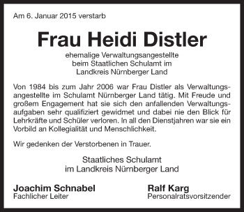 Traueranzeige von Heidi Distler von Pegnitz-Zeitung