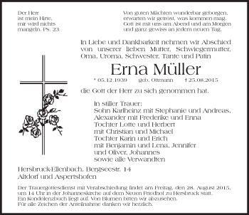 Traueranzeige von Erna Müller von Hersbrucker Zeitung