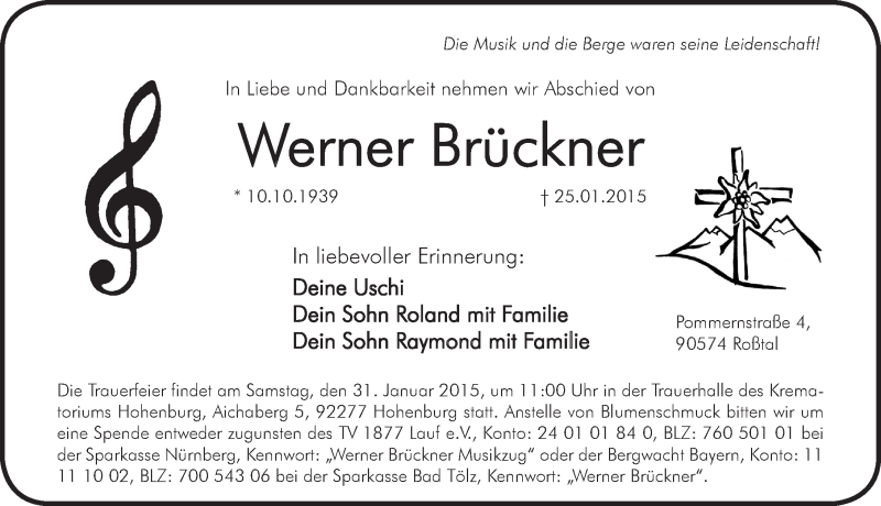  Traueranzeige für Werner Brückner vom 28.01.2015 aus Pegnitz-Zeitung