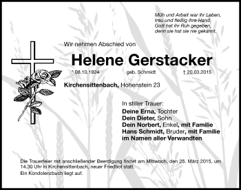 Traueranzeige von Helene Gerstacker von Hersbrucker Zeitung