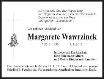 Traueranzeige von Margarete Wawrzinek von Der Bote