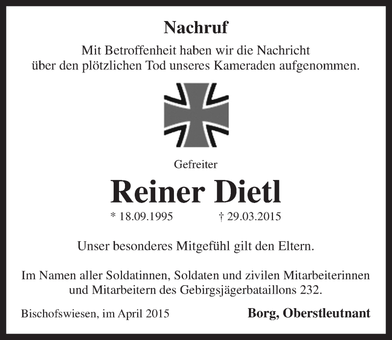  Traueranzeige für Reiner Dietl vom 04.04.2015 aus Pegnitz-Zeitung