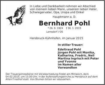 Traueranzeige von Bernhard Pohl von Hersbrucker Zeitung