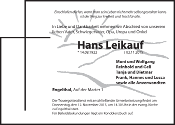 Traueranzeige von Hans Leikauf von Hersbrucker Zeitung