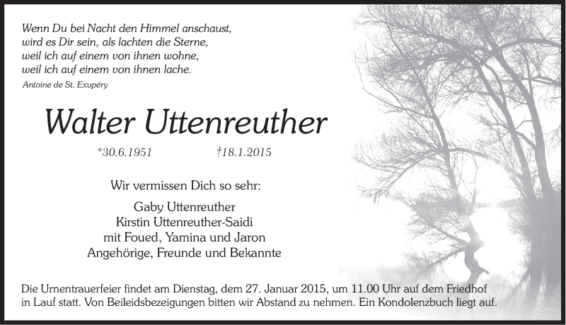  Traueranzeige für Walter Uttenreuther vom 24.01.2015 aus Pegnitz-Zeitung