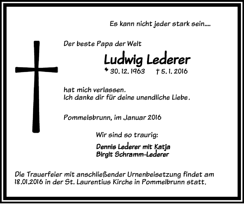  Traueranzeige für Ludwig Lederer vom 16.01.2016 aus Hersbrucker Zeitung