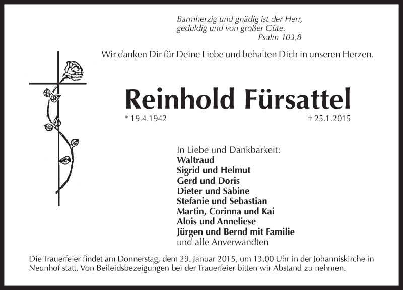  Traueranzeige für Reinhold Fürsattel vom 28.01.2015 aus Pegnitz-Zeitung