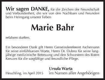 Traueranzeige von Marie Bahr von Pegnitz-Zeitung
