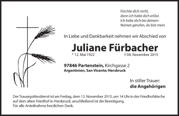 Traueranzeige von Juliane Fürbacher von Hersbrucker Zeitung