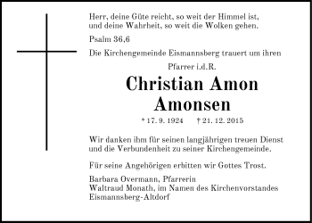Traueranzeige von Christian Georg Paul Amon-Amonsen von Der Bote