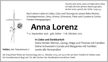 Traueranzeige von Anna Lorenz von Hersbrucker Zeitung