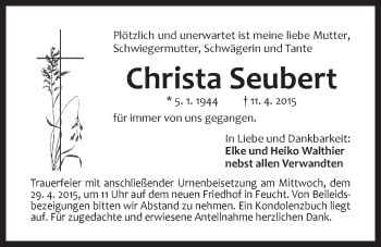 Traueranzeige von Christa Seubert von Der Bote