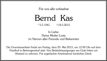 Traueranzeige von Bernd Kas von Pegnitz-Zeitung
