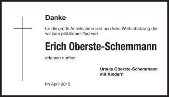 Traueranzeige von Erich Oberste-Schemmann von Der Bote