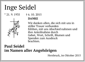Traueranzeige von Inge Seidel von Hersbrucker Zeitung