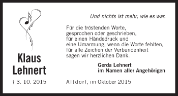 Traueranzeige von Klaus Lehnert von Der Bote