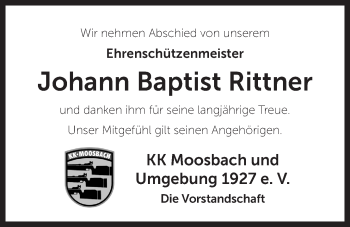 Traueranzeige von Johann Baptist Rittner von Der Bote