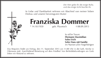 Traueranzeige von Franziska Dommer von Pegnitz-Zeitung