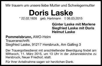 Traueranzeige von Doris Laske von Hersbrucker Zeitung