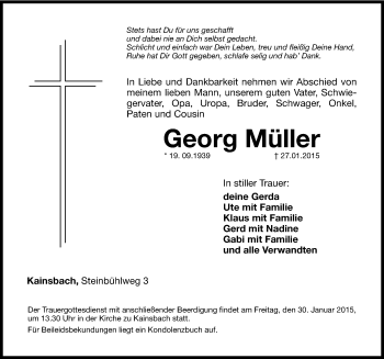 Traueranzeige von Georg Müller von Hersbrucker Zeitung