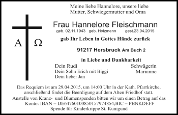 Traueranzeige von Hannelore Fleischmann von Hersbrucker Zeitung