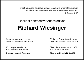 Traueranzeige von Richard Wiesinger von Hersbrucker Zeitung
