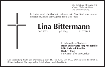 Traueranzeige von Lina Bittermann von Pegnitz-Zeitung
