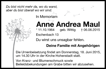 Traueranzeige von Anne Andrea Maul von Hersbrucker Zeitung
