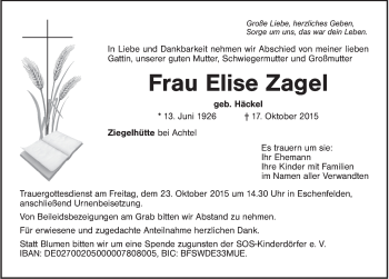 Traueranzeige von Elise Zagel von Hersbrucker Zeitung