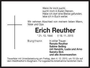 Traueranzeige von Erich Reuther von Der Bote