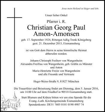 Traueranzeige von Christian Georg Paul Amon-Amonsen von Der Bote
