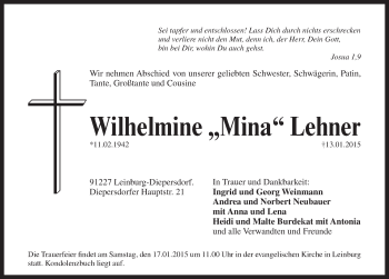 Traueranzeige von Wilhelmine Lehner von Pegnitz-Zeitung
