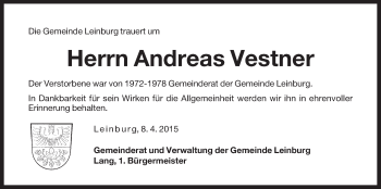 Traueranzeige von Andreas Vestner von Der Bote