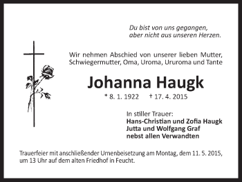 Traueranzeige von Johanna Haugk von Der Bote
