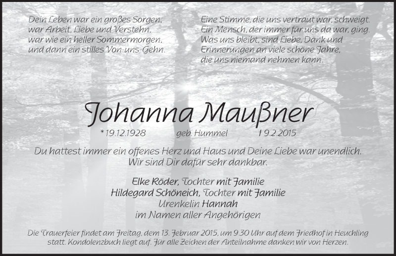  Traueranzeige für Johanna Maußner vom 11.02.2015 aus Pegnitz-Zeitung