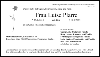 Traueranzeige von Luise Plarre von Pegnitz-Zeitung