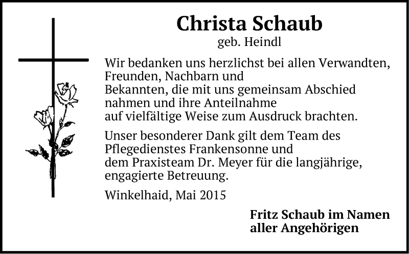 Traueranzeige für Christa Schaub vom 23.05.2015 aus Der Bote