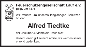Traueranzeige von Alfred Tiedtke von Pegnitz-Zeitung