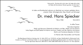 Traueranzeige von Hans Spiecker von Pegnitz-Zeitung