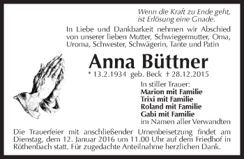 Traueranzeige von Anna Buettner von Pegnitz-Zeitung