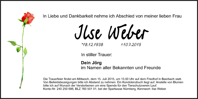  Traueranzeige für Ilse Weber vom 14.07.2015 aus Pegnitz-Zeitung