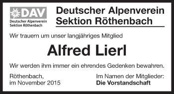 Traueranzeige von Alfred Lierl von Pegnitz-Zeitung