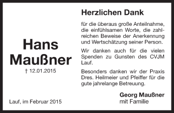 Traueranzeige von Hans Maußner von Pegnitz-Zeitung