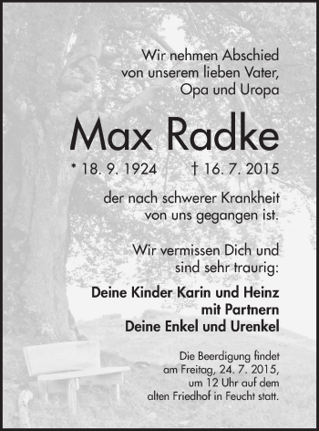 Traueranzeige von Max Radke von Der Bote