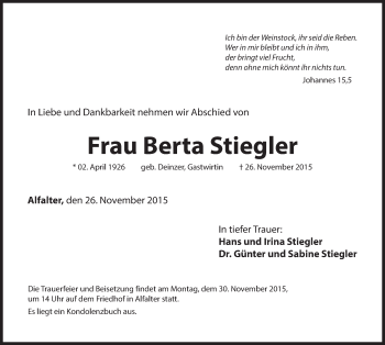 Traueranzeige von Berta Stiegler von Hersbrucker Zeitung